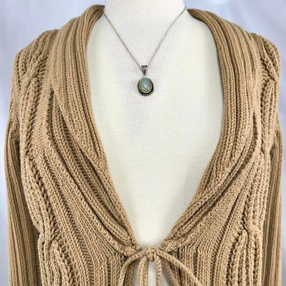 MAX STUDIO Tan Cable Knit Tie Front Cardigan Tassels Womens S Pockets Cabin Soft - Picture 2 of 5